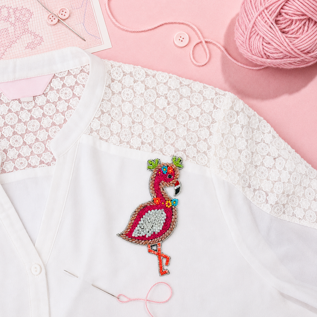 Charming Flamingo Handcrafted Beaded Appliqué Patch