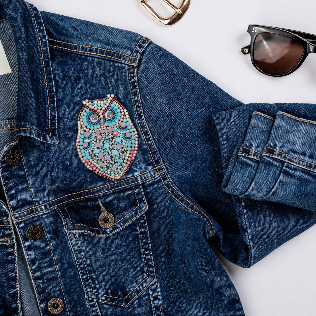 Pastel Blue & Pink Owl Beaded Patch