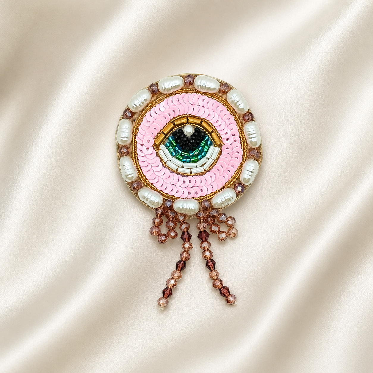 Pink Round Evil Eye Patch with Pearls, Sequins & Hanging Bead Detail