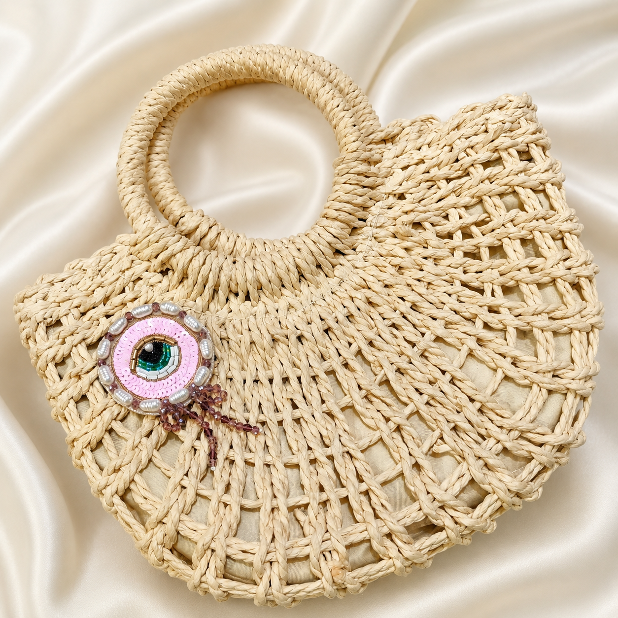Pink Round Evil Eye Patch with Pearls, Sequins & Hanging Bead Detail