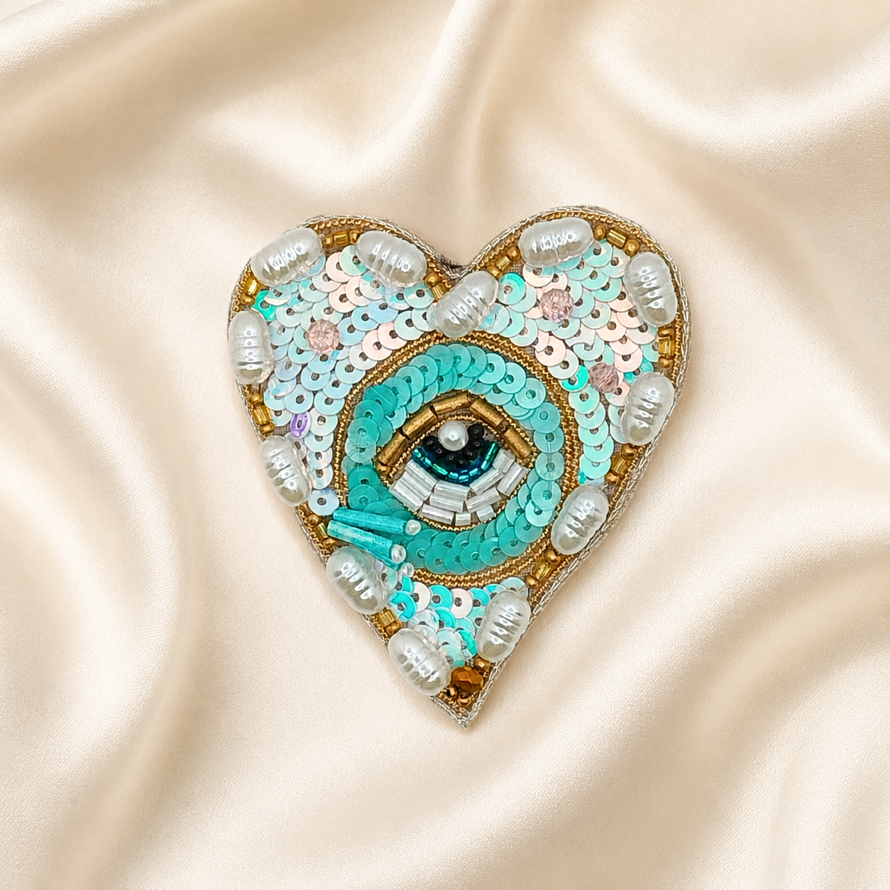 Aqua Heart Evil Eye Patch with Sequins, Pearls & Bead Detailing