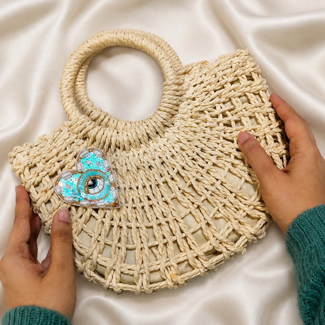Aqua Heart Evil Eye Patch with Sequins, Pearls & Bead Detailing
