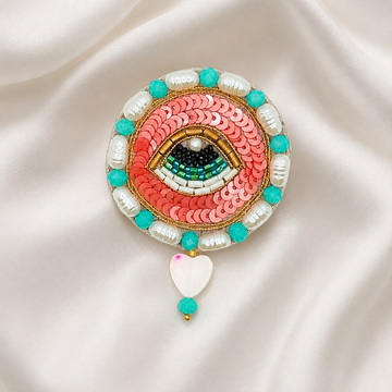 Coral Round Evil Eye Patch with Pearls, Sequins & Heart Drop Detail