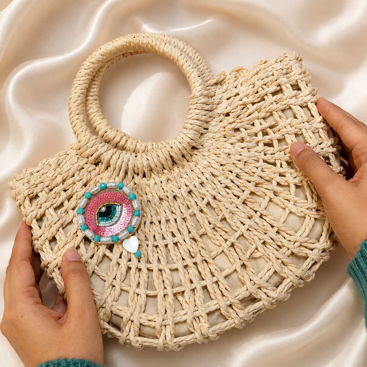 Coral Round Evil Eye Patch with Pearls, Sequins & Heart Drop Detail