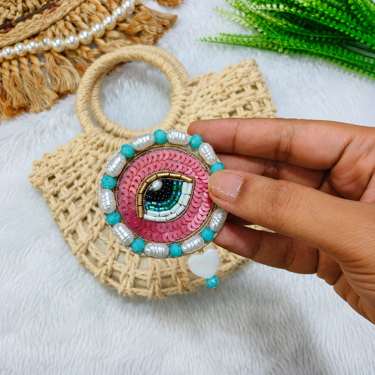 Coral Round Evil Eye Patch with Pearls, Sequins & Heart Drop Detail