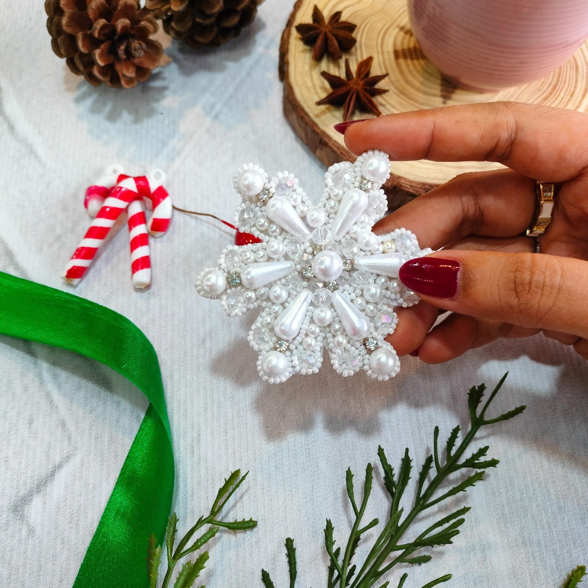 Frost Snowflake Pearl Beaded Appliqué Patch