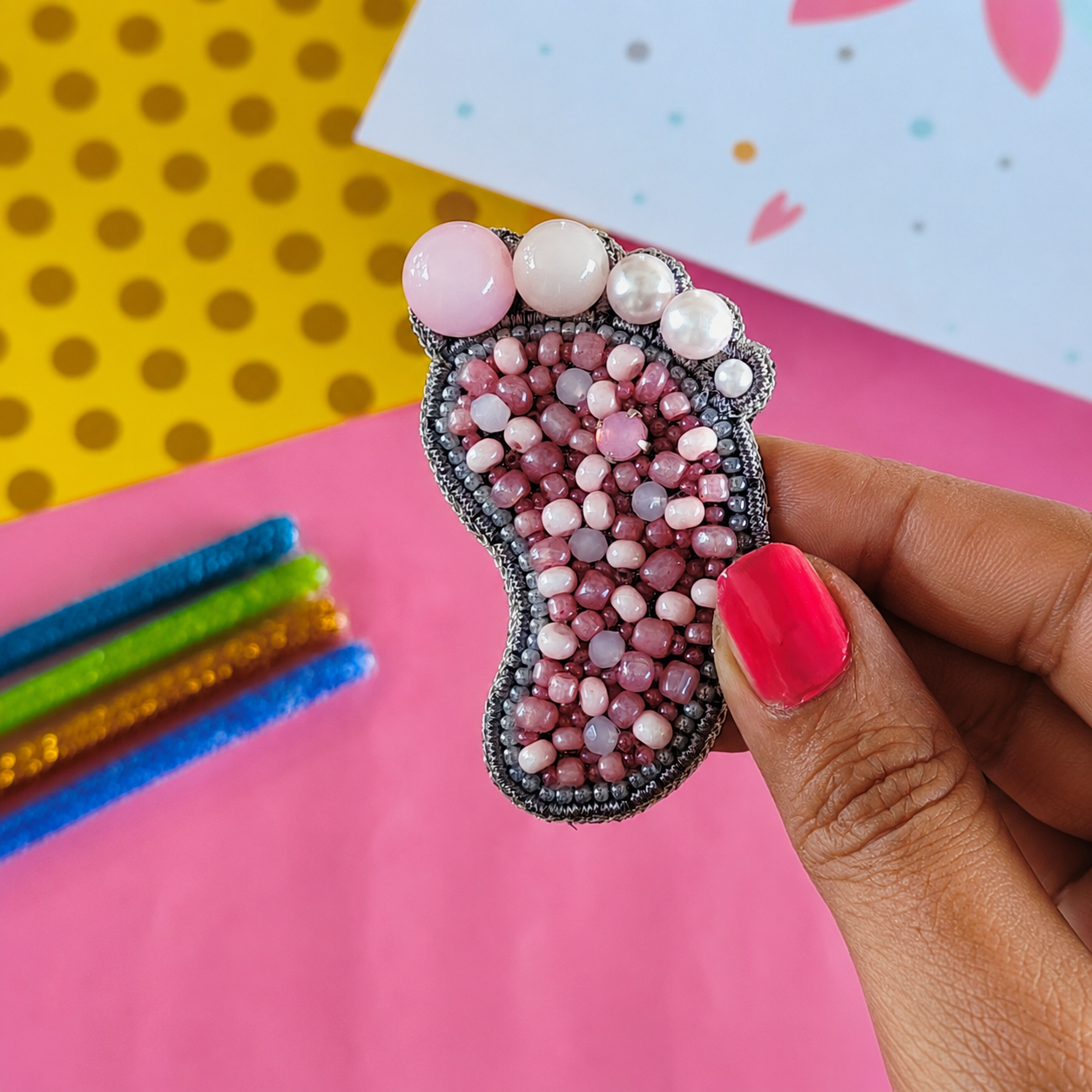 Pink Baby Footprint Beaded Appliqué Patch