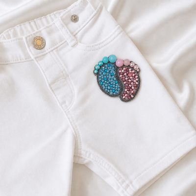 Pink and Blue Twin Baby Footprint Beaded Appliqué Patch hover image