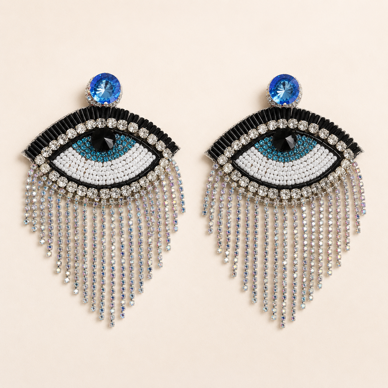 Eye Motif Beaded Rhinestone Fringe Statement Earrings