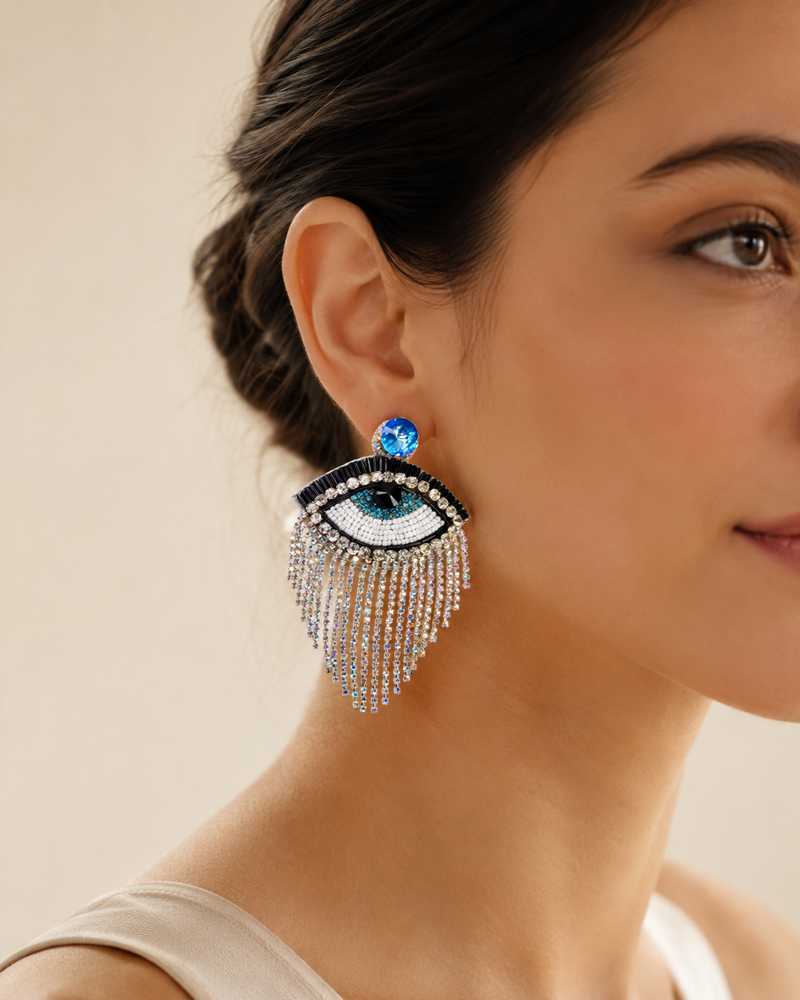Eye Motif Beaded Rhinestone Fringe Statement Earrings