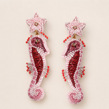 Seahorse Motif Beaded Patch Statement Earrings