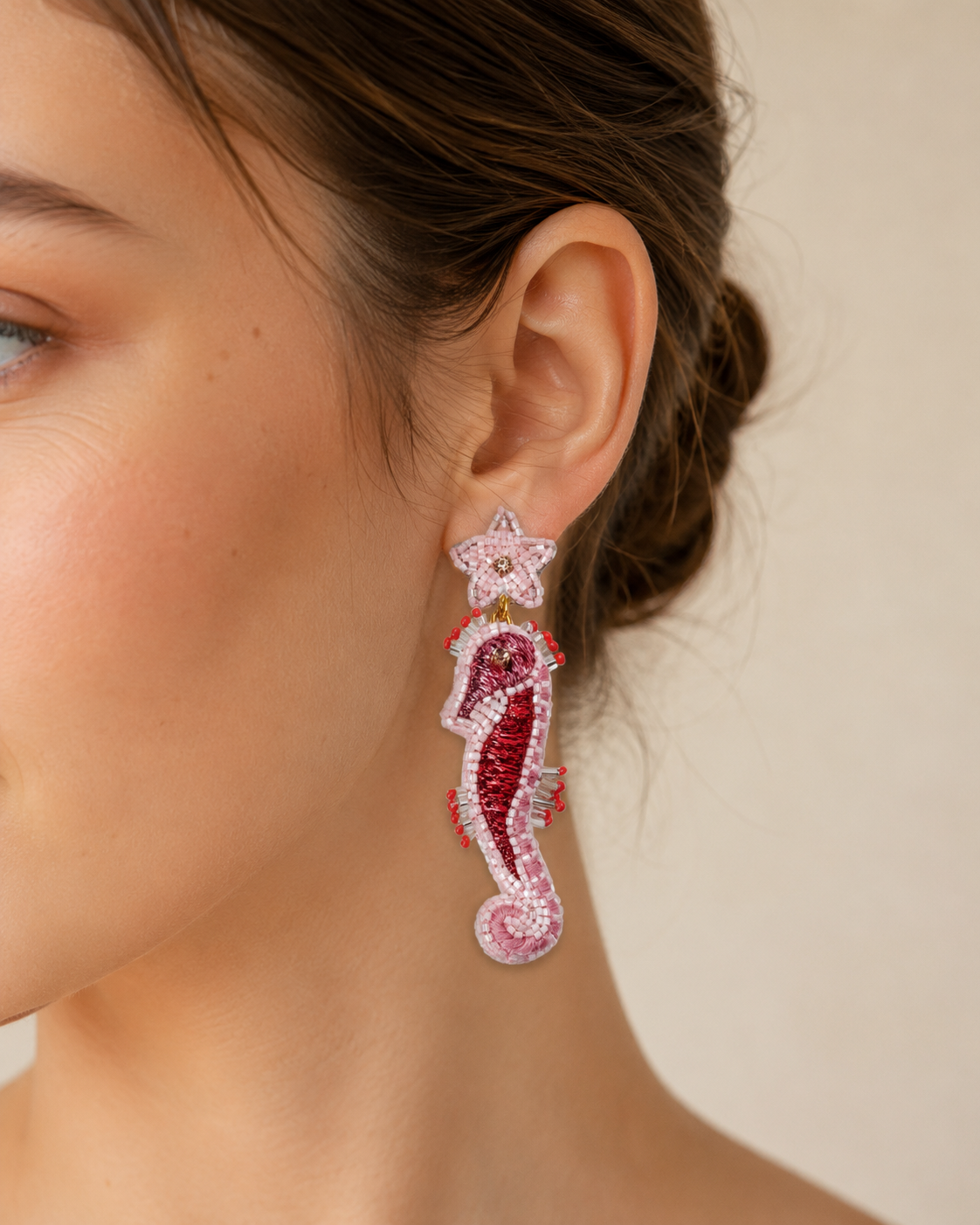 Seahorse Motif Beaded Patch Statement Earrings