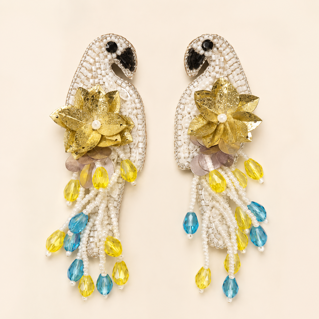 Bird Motif Beaded Floral Statement Earrings with Pearl Tassels
