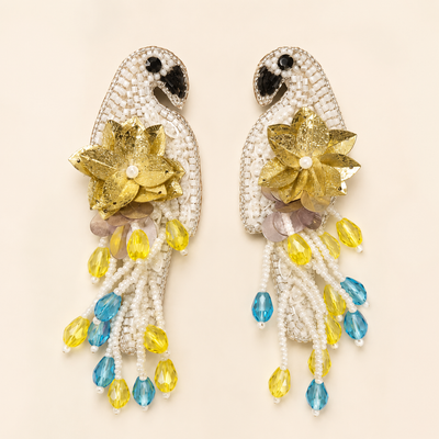 Bird Motif Beaded Floral Statement Earrings with Pearl Tassels