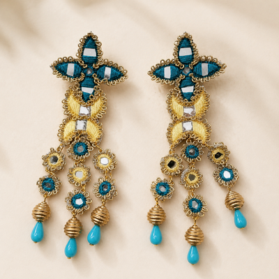 Floral Threadwork & Embellished Drop Statement Earrings