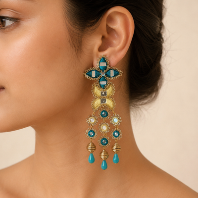Floral Threadwork & Embellished Drop Statement Earrings hover