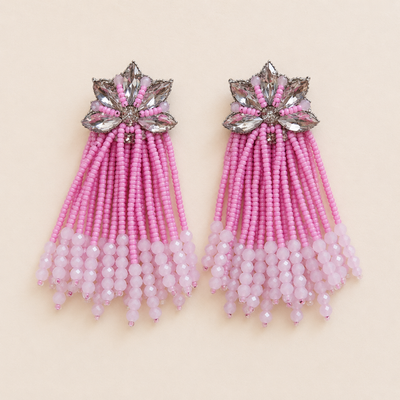 Floral Crystal & Beaded Tassel Statement Earrings hover image