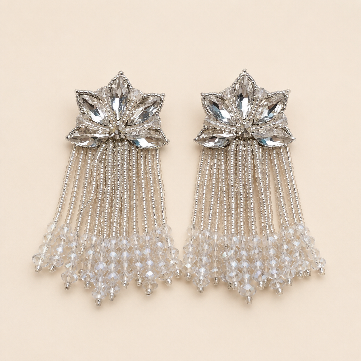 Floral Crystal & Beaded Tassel Statement Earrings
