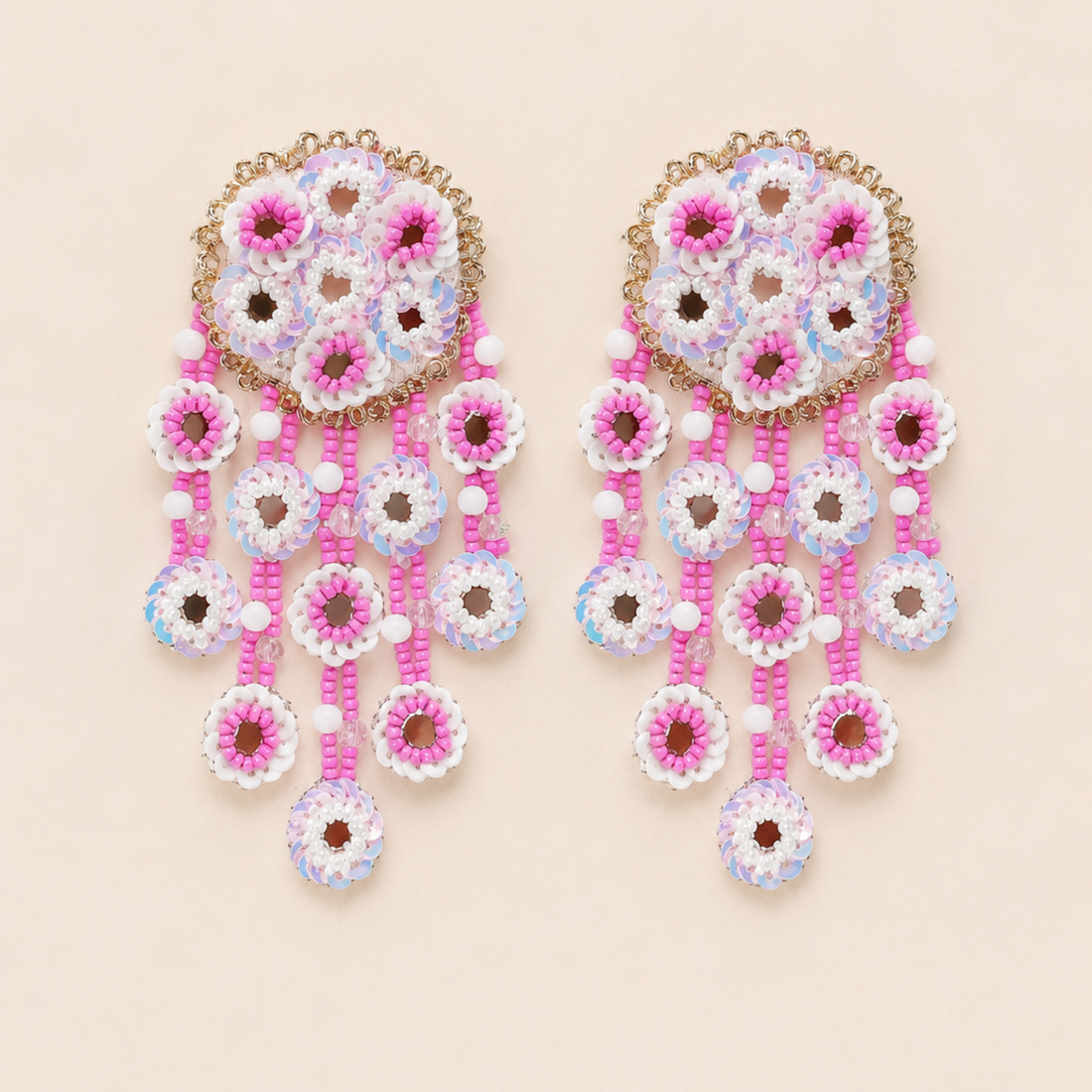 Floral Sequin & Beaded Cascade Statement Earrings