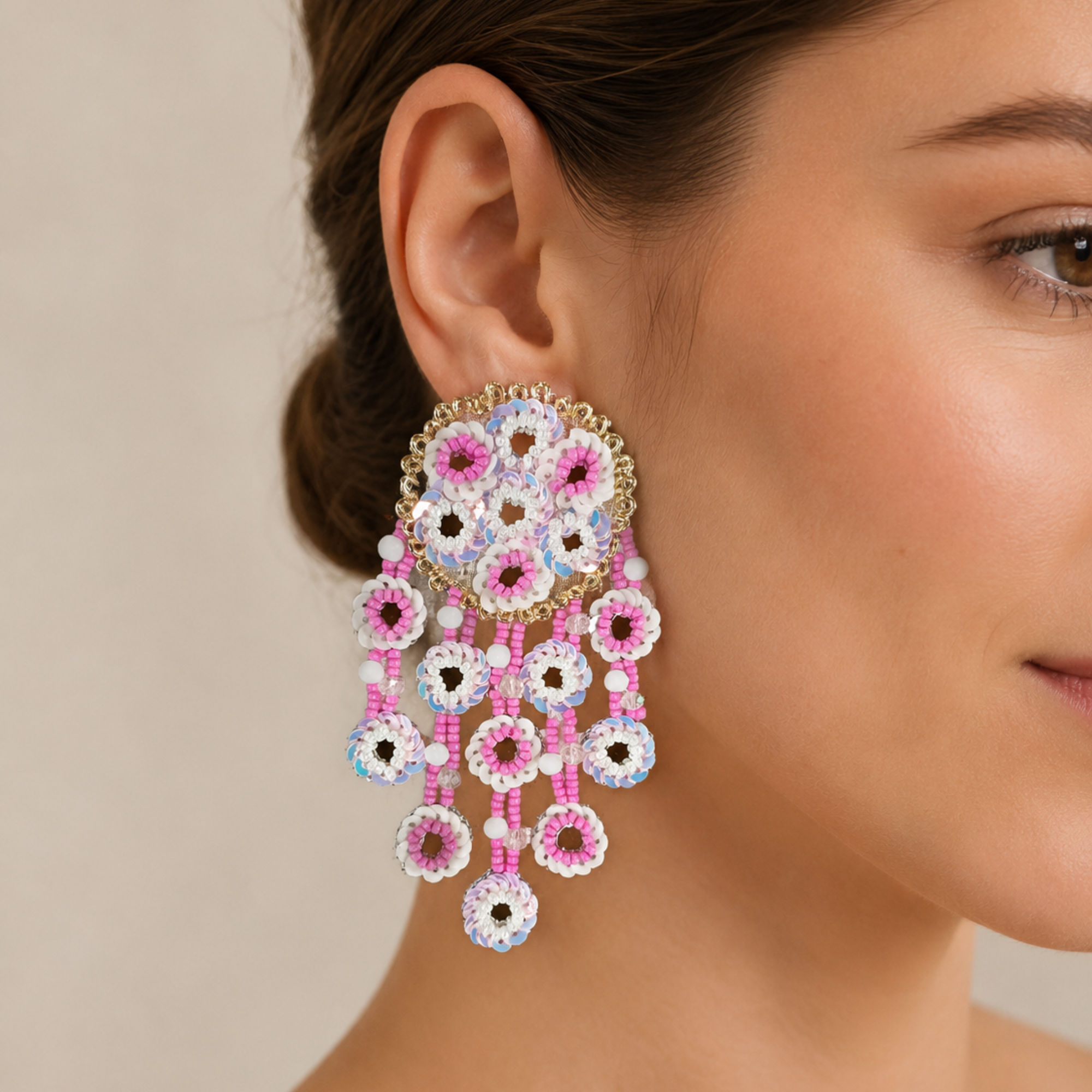 Floral Sequin & Beaded Cascade Statement Earrings