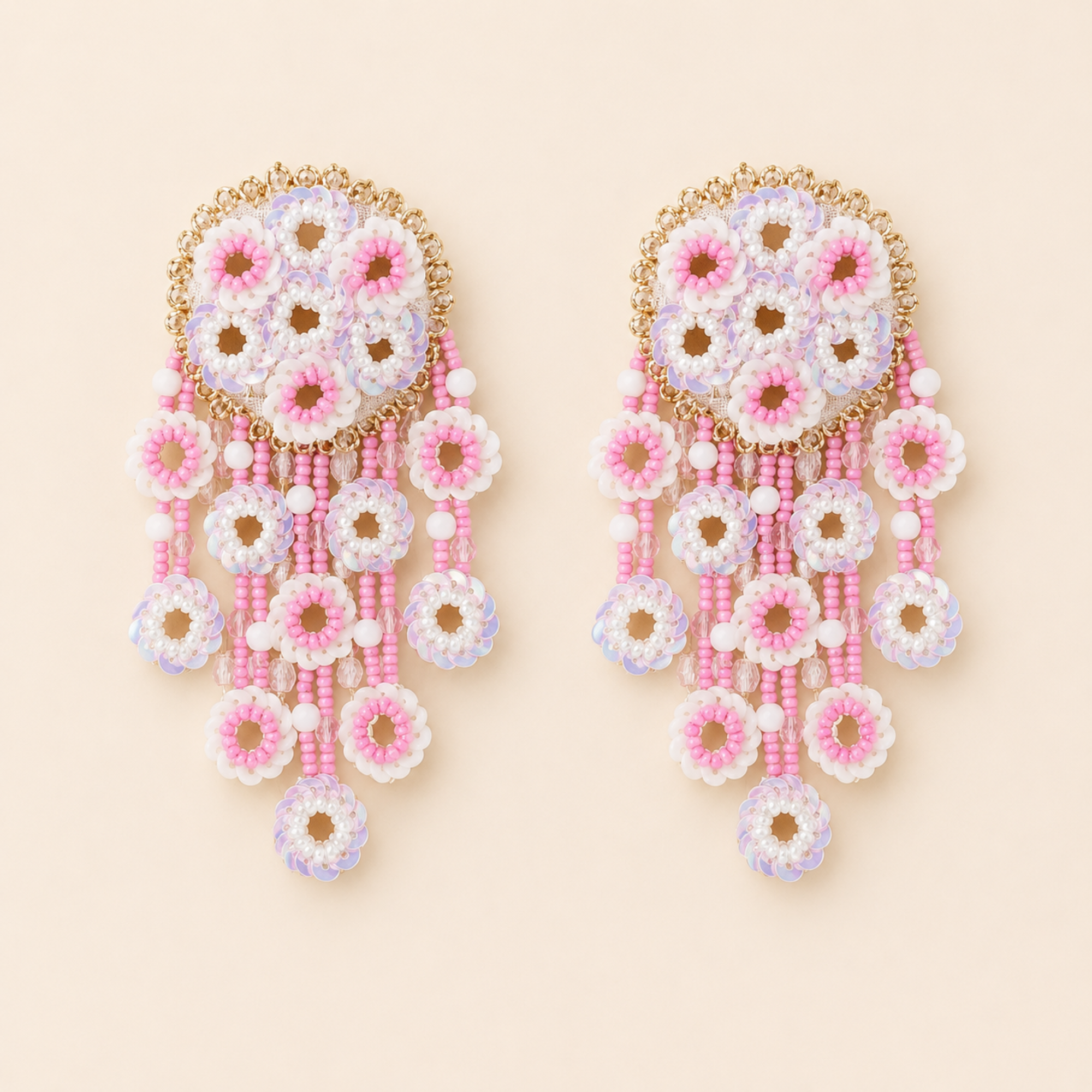 Floral Sequin & Beaded Cascade Statement Earrings