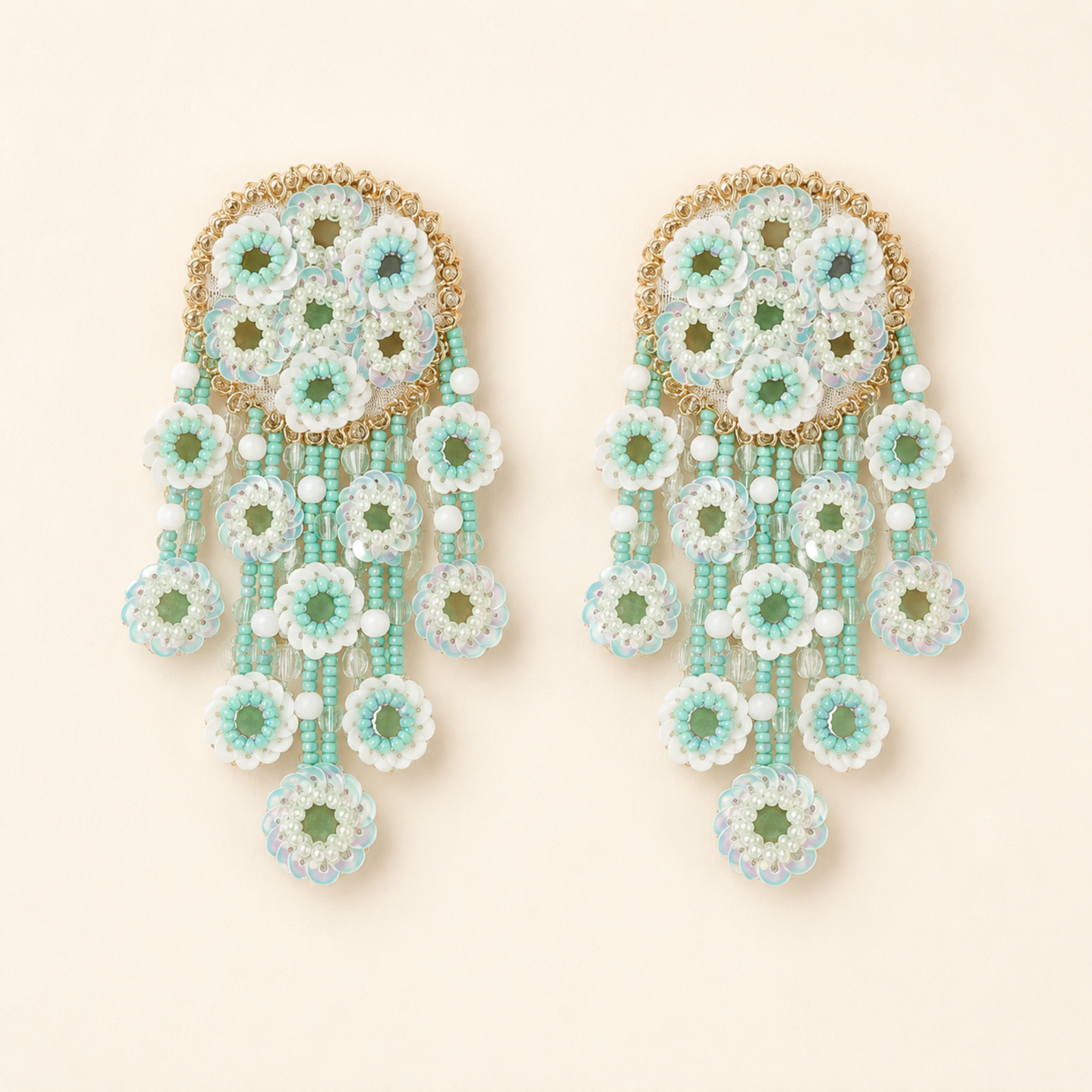 Floral Sequin & Beaded Cascade Statement Earrings