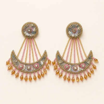 Crescent Sequin & Beaded Drop Statement Earrings