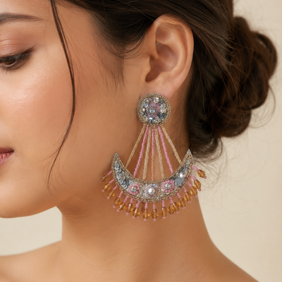 Crescent Sequin & Beaded Drop Statement Earrings hover image
