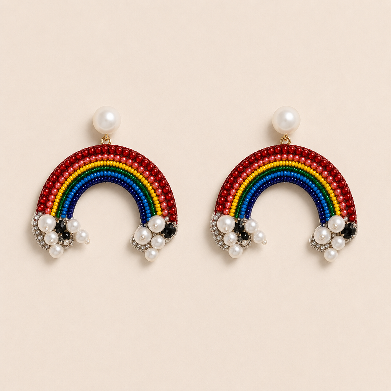Rainbow Motif Beaded & Pearl Embellished Statement Earrings
