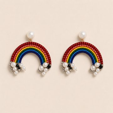 Rainbow Motif Beaded & Pearl Embellished Statement Earrings