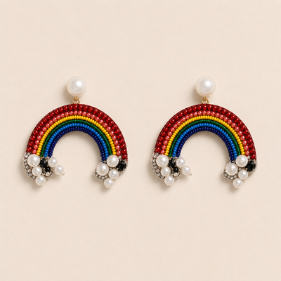 Rainbow Motif Beaded & Pearl Embellished Statement Earrings