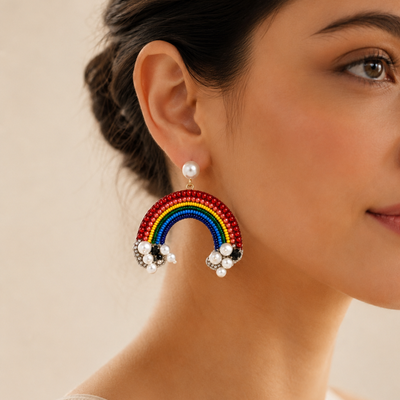 Rainbow Motif Beaded & Pearl Embellished Statement Earrings hover image