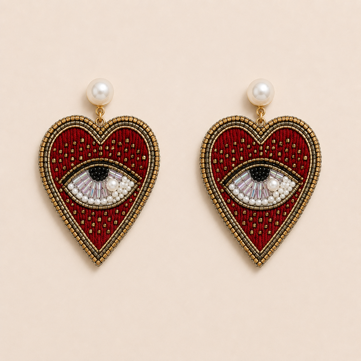 Heart & Eye Motif Beaded Patch Statement Earrings