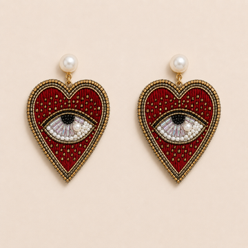 Heart & Eye Motif Beaded Patch Statement Earrings