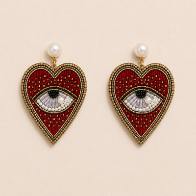 Heart & Eye Motif Beaded Patch Statement Earrings