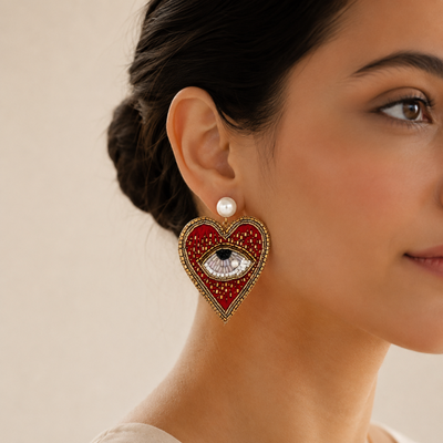 Heart & Eye Motif Beaded Patch Statement Earrings hover