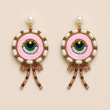 Eye Motif Sequin, Pearl & Beaded Drop Statement Earrings