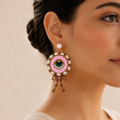 Eye Motif Sequin, Pearl & Beaded Drop Statement Earrings hover