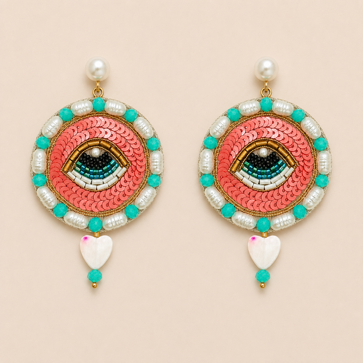 Eye Motif Sequin, Pearl & Beaded Statement Earrings with Heart Drop