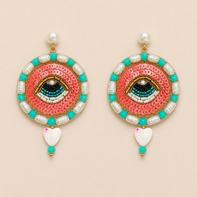 Eye Motif Sequin, Pearl & Beaded Statement Earrings with Heart Drop