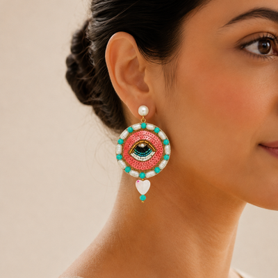 Eye Motif Sequin, Pearl & Beaded Statement Earrings with Heart Drop hover