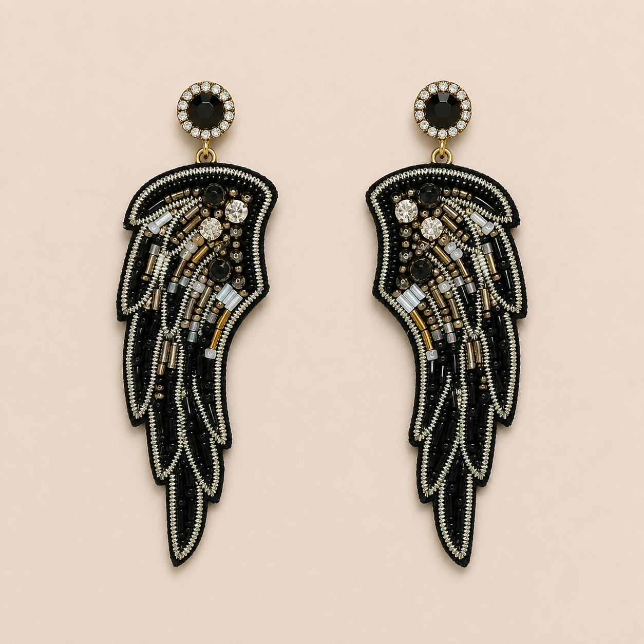Wing Motif Beaded & Rhinestone Statement Earrings