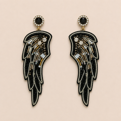 Wing Motif Beaded & Rhinestone Statement Earrings