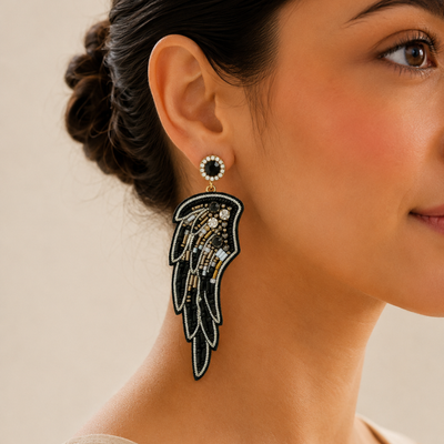 Wing Motif Beaded & Rhinestone Statement Earrings hover