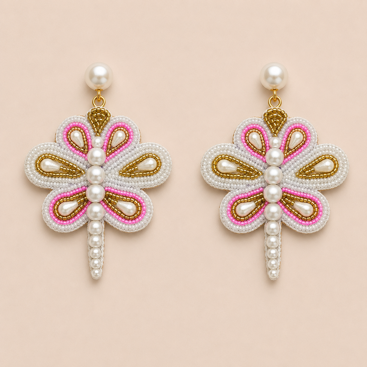 Dragonfly Motif Beaded & Pearl Embellished Statement Earrings