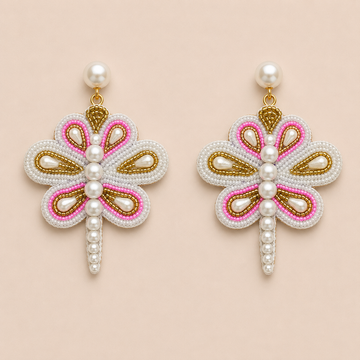 Dragonfly Motif Beaded & Pearl Embellished Statement Earrings