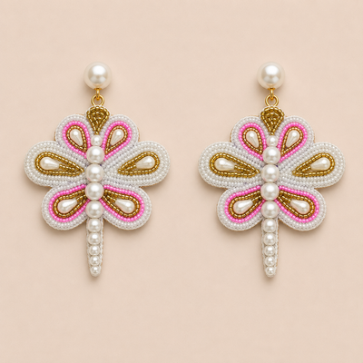 Dragonfly Motif Beaded & Pearl Embellished Statement Earrings