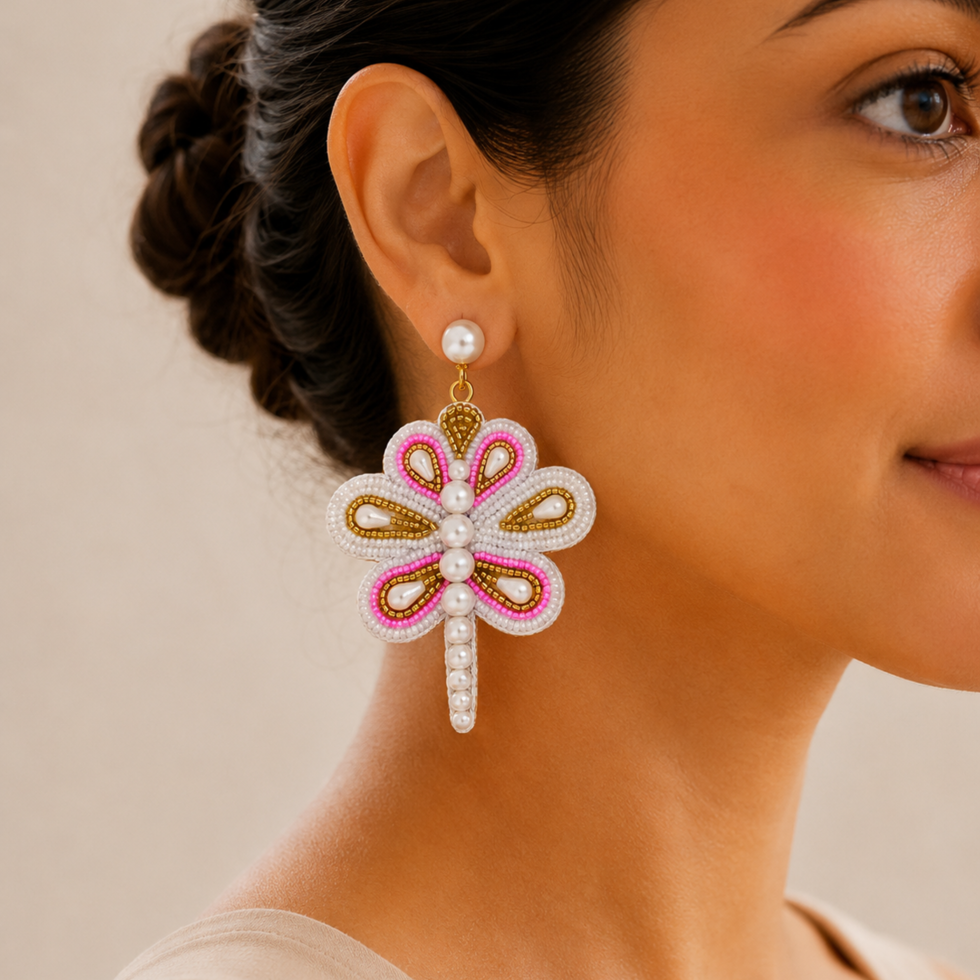 Dragonfly Motif Beaded & Pearl Embellished Statement Earrings