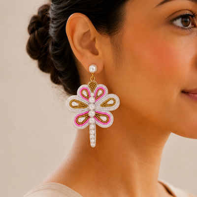 Dragonfly Motif Beaded & Pearl Embellished Statement Earrings hover image