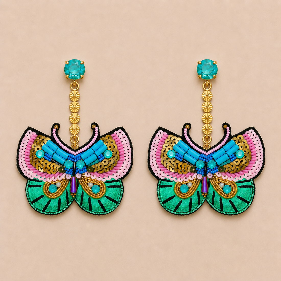 Butterfly Motif Sequin & Beaded Patch Statement Earrings